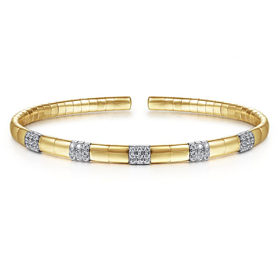 14K Yellow Gold Cuff Bracelet with Pave Diamond Stations