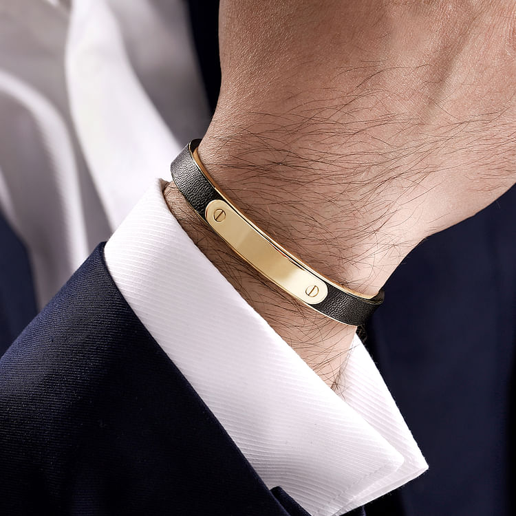 14K Yellow Gold Cuff Leather Bangle