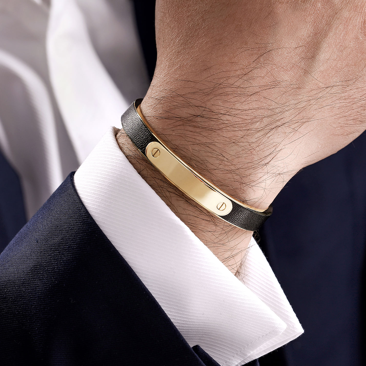 14K Yellow Gold Cuff Leather Bangle - Shot 4