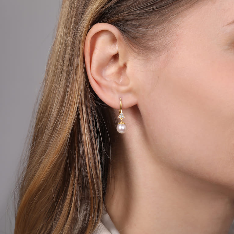 14K Yellow Gold Cultured Pearl Diamond Drop Earrings - 0.15 ct - Shot 2