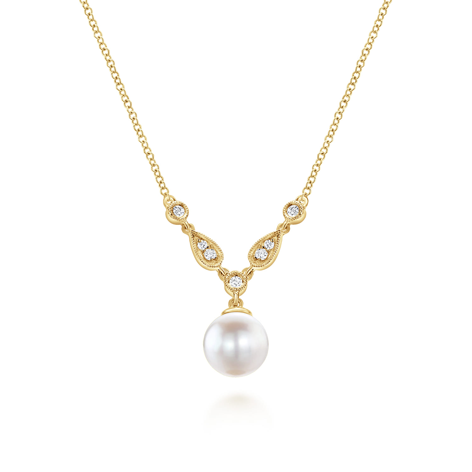 14K Yellow Gold Cultured Pearl and Diamond Accent Necklace - 0.08 ct - Shot 1