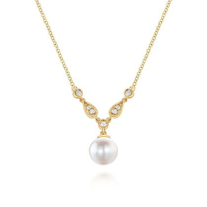 14K Yellow Gold Cultured Pearl and Diamond Accent Necklace