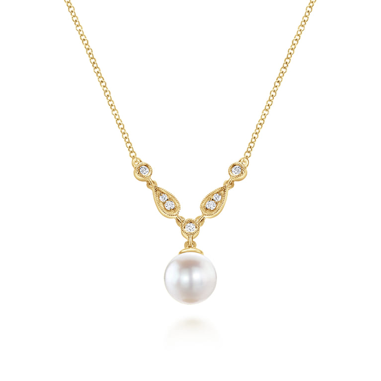 14K Yellow Gold Cultured Pearl and Diamond Accent Necklace - 0.08 ct - Shot 1