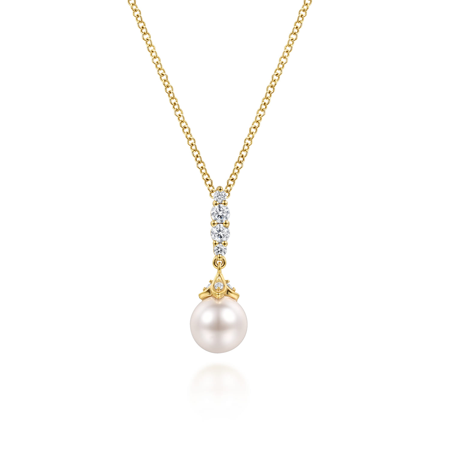 14K Yellow Gold Cultured Pearl and Diamond Drop Pendant Necklace - 0.16 ct - Shot 1