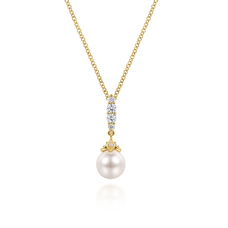 14K Yellow Gold Cultured Pearl and Diamond Drop Pendant Necklace - 0.16 ct - Shot 1