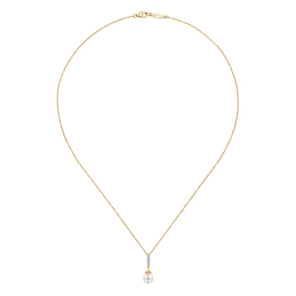 14K Yellow Gold Cultured Pearl and Diamond Drop Pendant Necklace