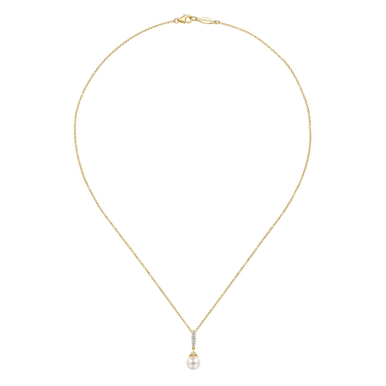14K Yellow Gold Cultured Pearl and Diamond Drop Pendant Necklace - 0.16 ct - Shot 2
