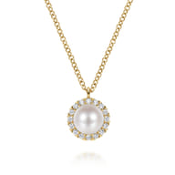 14K Yellow Gold Cultured Pearl and Diamond Halo Pendant Necklace