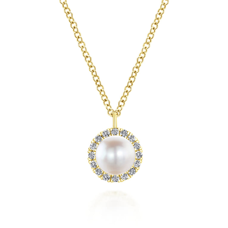 14K Yellow Gold Cultured Pearl and Diamond Halo Pendant Necklace - 0.12 ct - Shot 1