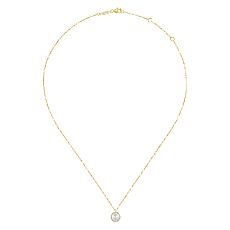 14K Yellow Gold Cultured Pearl and Diamond Halo Pendant Necklace - 0.12 ct - Shot 2