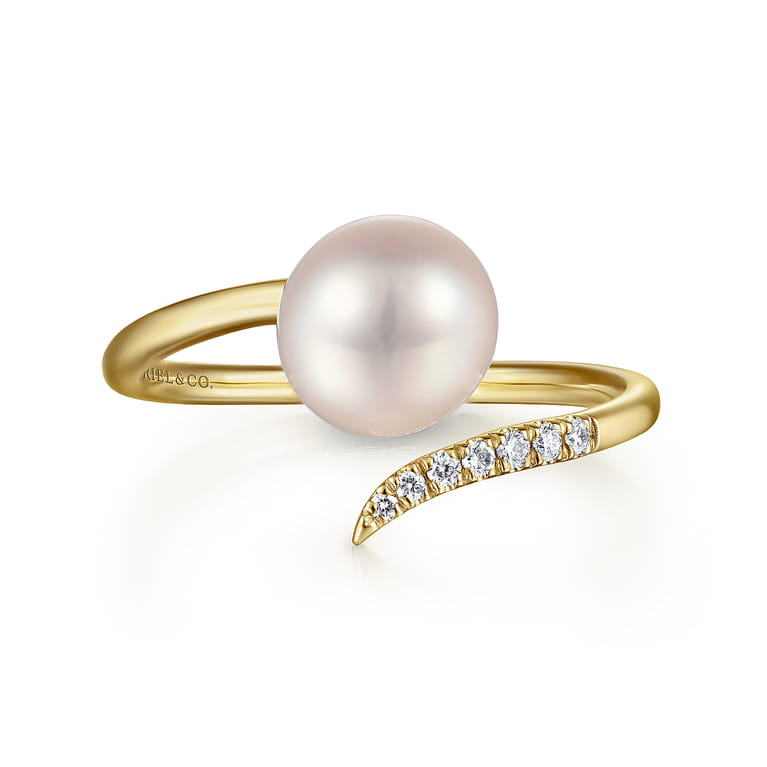 14K Yellow Gold Cultured Pearl and Diamond Open Wrap Ring - 0.05 ct - Shot 1