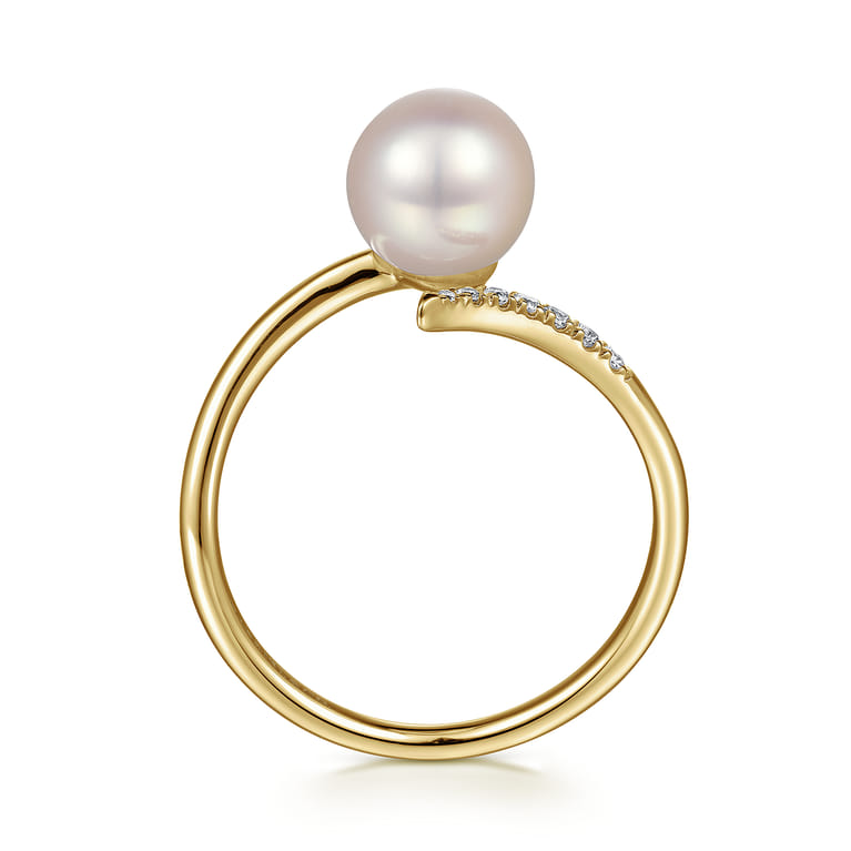 14K Yellow Gold Cultured Pearl and Diamond Open Wrap Ring - 0.05 ct - Shot 2