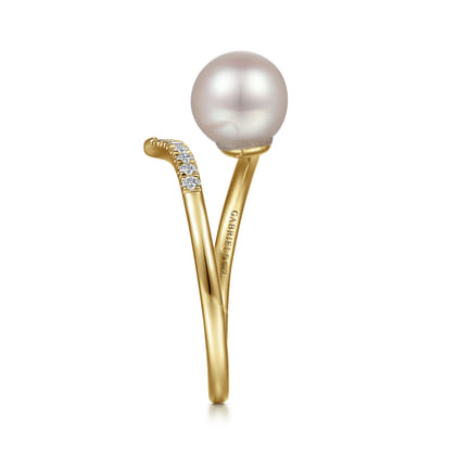 14K Yellow Gold Cultured Pearl and Diamond Open Wrap Ring