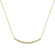 14K Yellow Gold Curved Bar Necklace with Bezel Set Round Diamonds