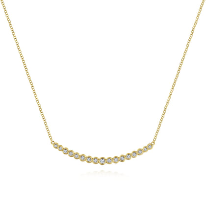 14K Yellow Gold Curved Bar Necklace with Bezel Set Round Diamonds