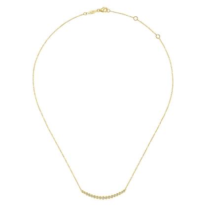 14K Yellow Gold Curved Bar Necklace with Bezel Set Round Diamonds