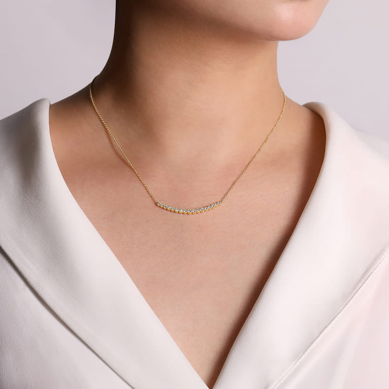 14K Yellow Gold Curved Bar Necklace with Bezel Set Round Diamonds - 0.24 ct - Shot 3