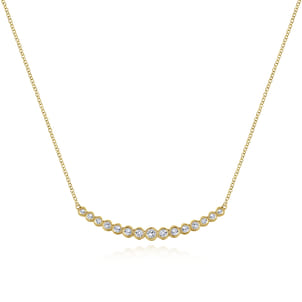 14K Yellow Gold Curved Bar Necklace with Bezel Set Round Diamonds