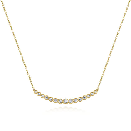 14K Yellow Gold Curved Bar Necklace with Bezel Set Round Diamonds