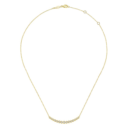 14K Yellow Gold Curved Bar Necklace with Bezel Set Round Diamonds