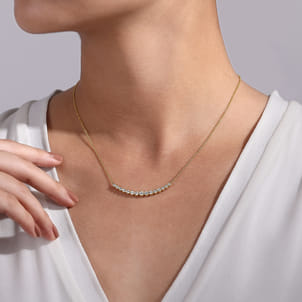14K Yellow Gold Curved Bar Necklace with Bezel Set Round Diamonds