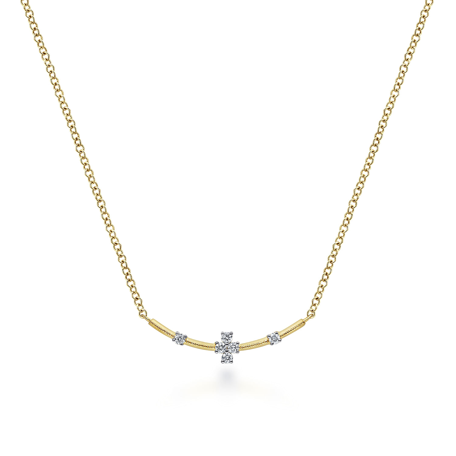 14K Yellow Gold Curved Bar Necklace with Diamond Stations