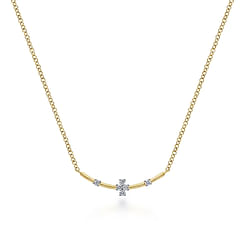 14K Yellow Gold Curved Bar Necklace with Diamond Stations