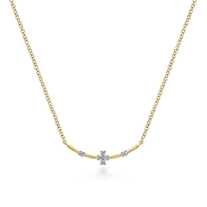 14K Yellow Gold Curved Bar Necklace with Diamond Stations