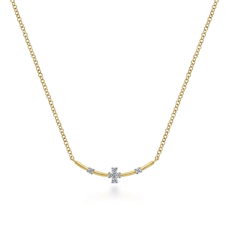 14K Yellow Gold Curved Bar Necklace with Diamond Stations - 0.06 ct - Shot 1