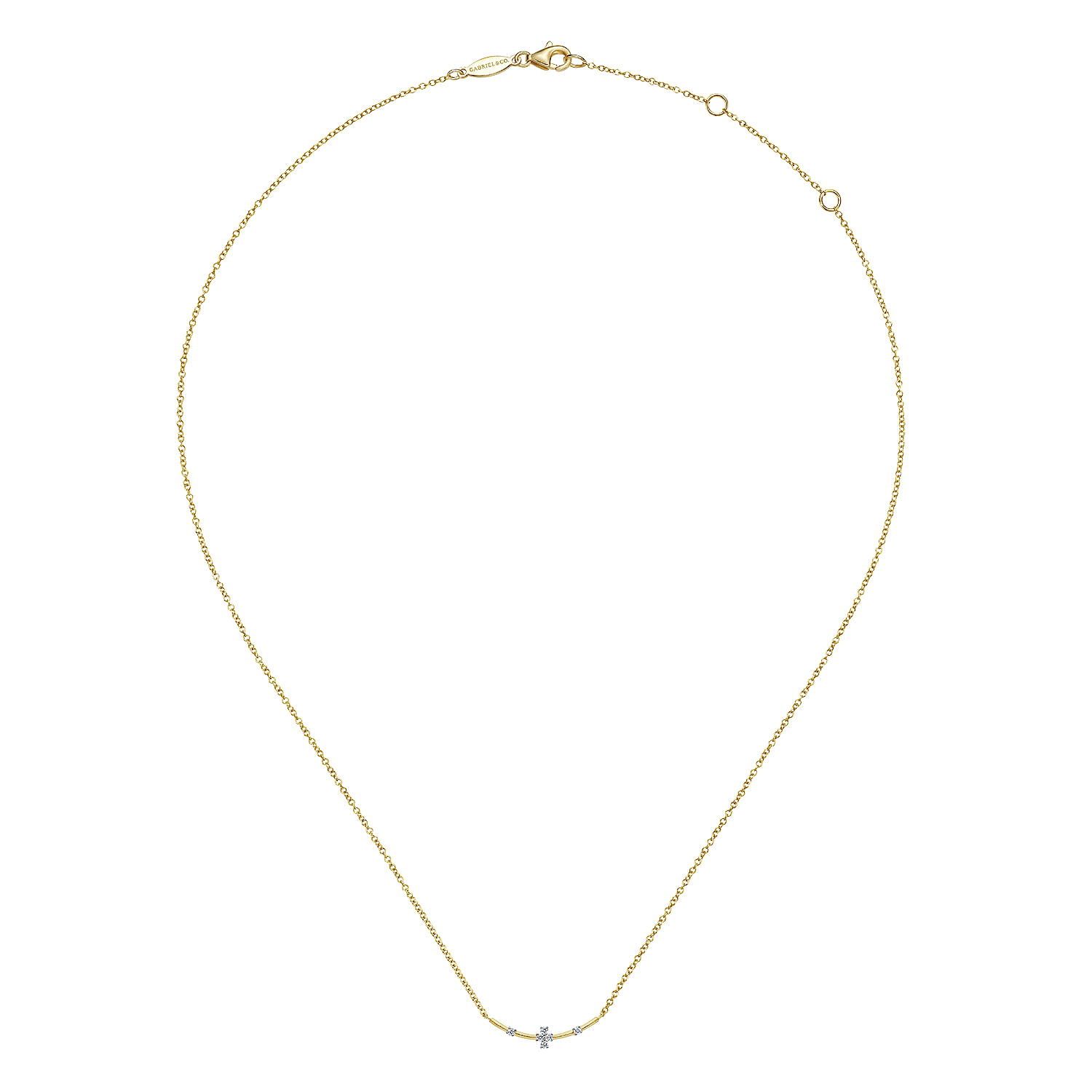 14K Yellow Gold Curved Bar Necklace with Diamond Stations