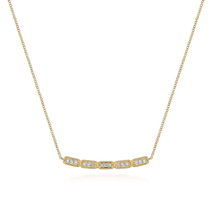 14K Yellow Gold Curved Rectangular Station Bar Necklace with Diamonds