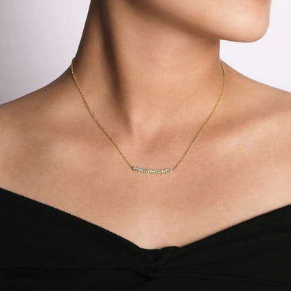 14K Yellow Gold Curved Rectangular Station Bar Necklace with Diamonds