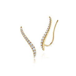 14K Yellow Gold Curving Bar Ear Crawler Diamond Earrings
