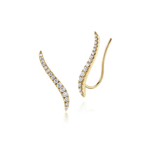 14K Yellow Gold Curving Bar Ear Crawler Diamond Earrings