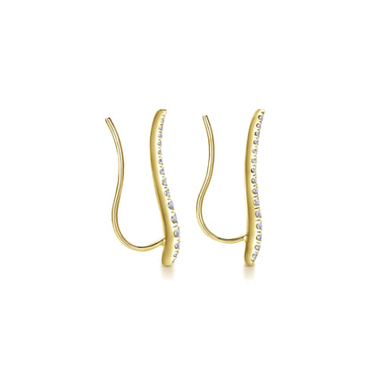 14K Yellow Gold Curving Bar Ear Crawler Diamond Earrings