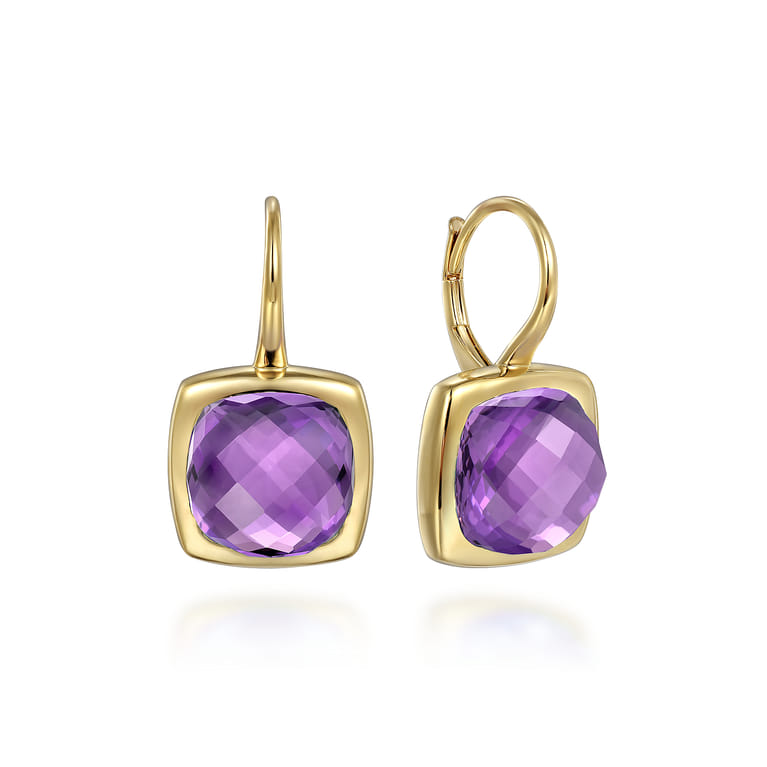 14K Yellow Gold Cushion Cut Amethyst Earrings With Flower Pattern J-Back - Shot 1