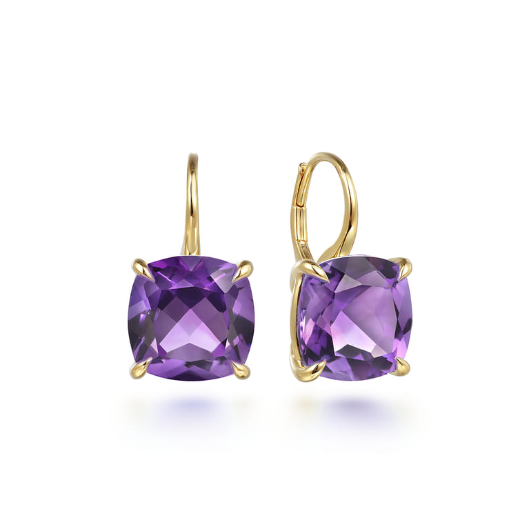 14K Yellow Gold Cushion Cut Amethyst Earrings - Shot 1