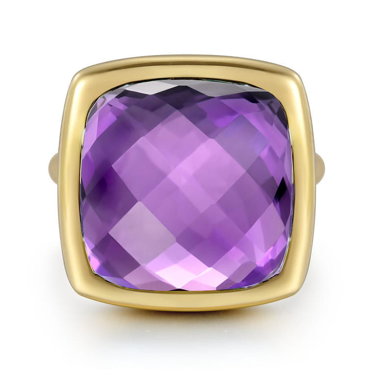 14K Yellow Gold Cushion Cut Amethyst Ladies Ring With Flower Pattern J-Back - Shot 1