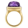 14K Yellow Gold Cushion Cut Amethyst Ladies Ring With Flower Pattern J-Back