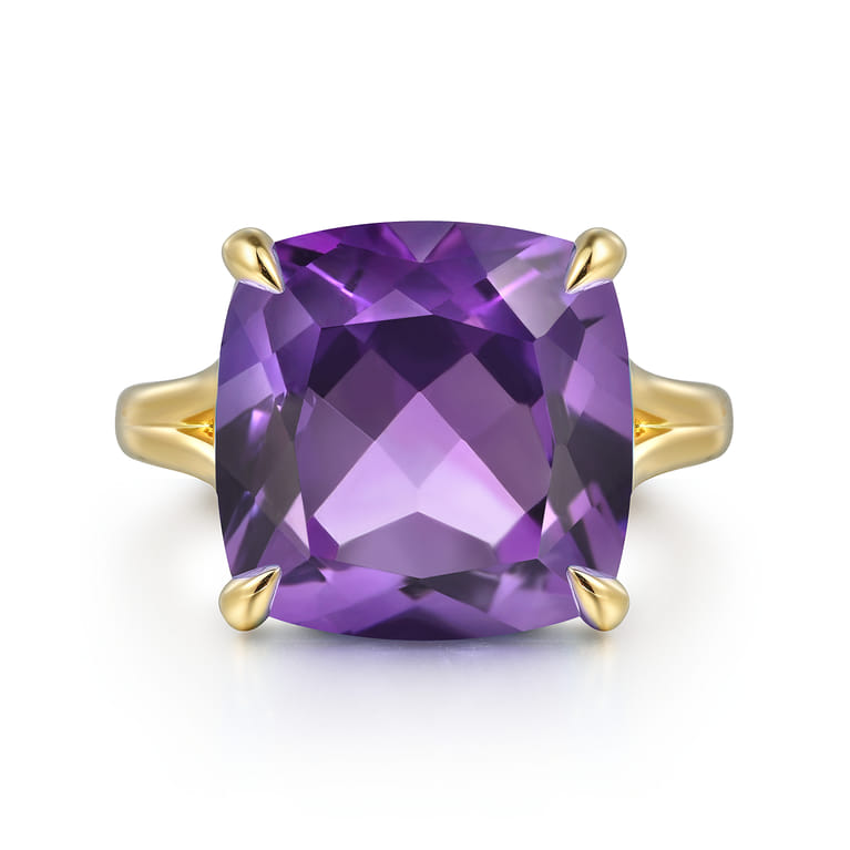 14K Yellow Gold Cushion Cut Amethyst Ladies Ring - Shot 1
