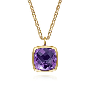 14K Yellow Gold Cushion Cut Amethyst Necklace With Flower Pattern J-Back and Bezel Setting