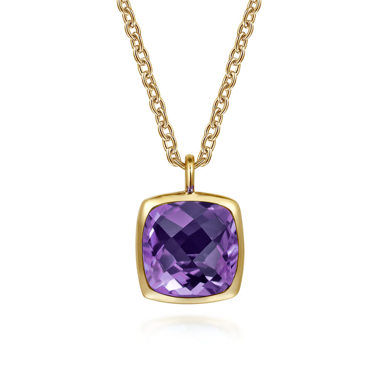 14K Yellow Gold Cushion Cut Amethyst Necklace With Flower Pattern J-Back and Bezel Setting - Shot 1