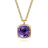 14K Yellow Gold Cushion Cut Amethyst Necklace With Flower Pattern J-Back and Bezel Setting