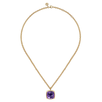14K Yellow Gold Cushion Cut Amethyst Necklace With Flower Pattern J-Back and Bezel Setting