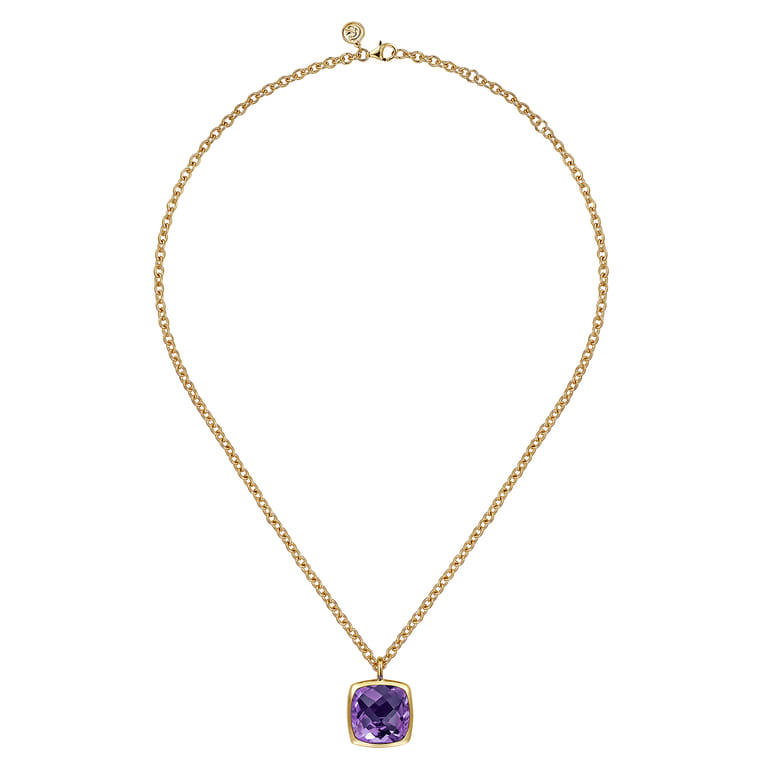 14K Yellow Gold Cushion Cut Amethyst Necklace With Flower Pattern J-Back and Bezel Setting - Shot 2
