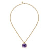 14K Yellow Gold Cushion Cut Amethyst Necklace With Flower Pattern J-Back and Bezel Setting