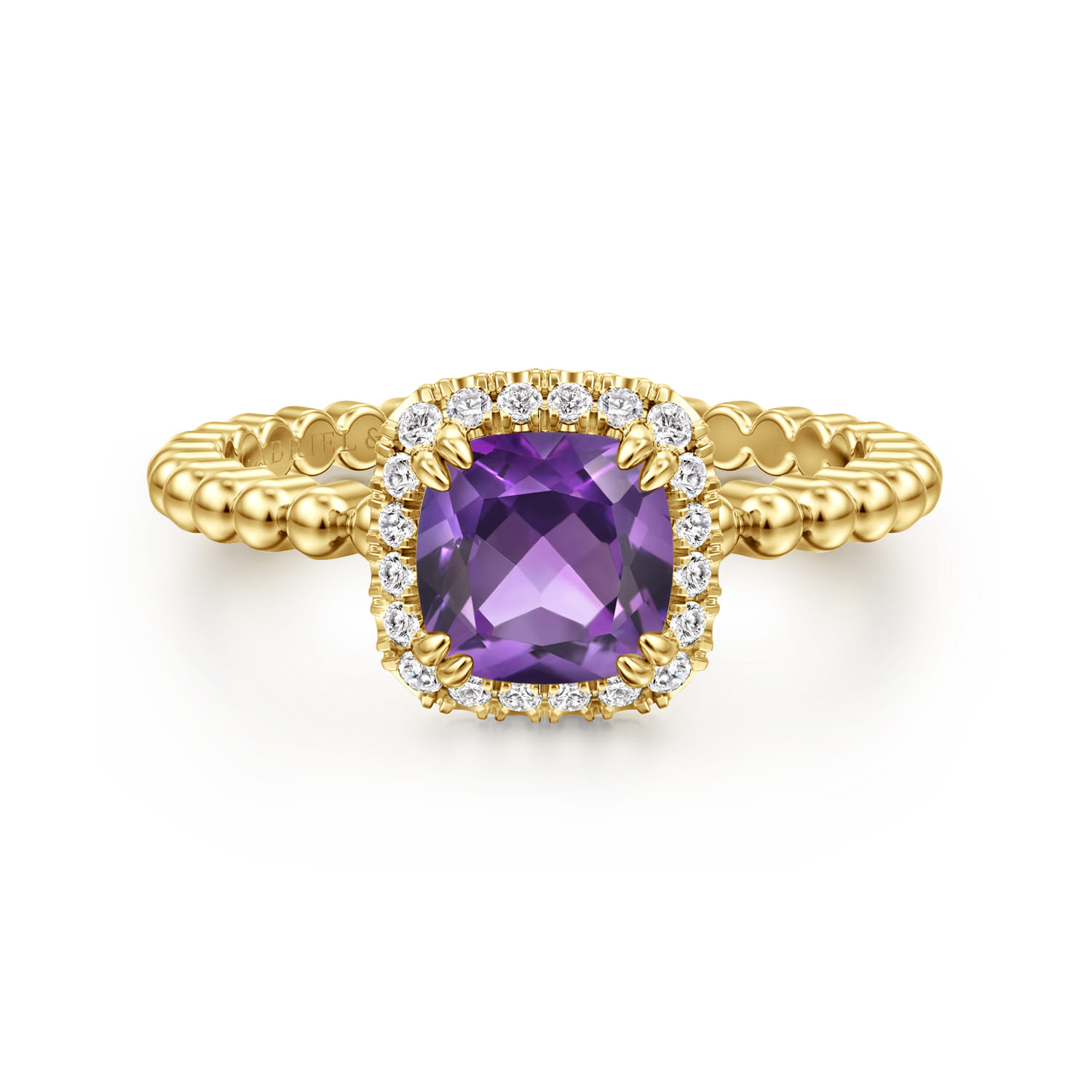 14K Yellow Gold Cushion Cut Amethyst and Diamond Halo Ring