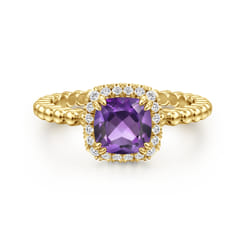 14K Yellow Gold Cushion Cut Amethyst and Diamond Halo Ring