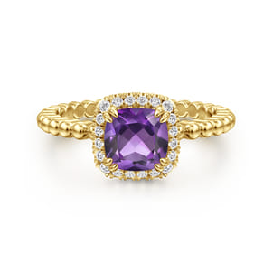 14K Yellow Gold Cushion Cut Amethyst and Diamond Halo Ring