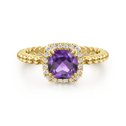 14K Yellow Gold Cushion Cut Amethyst and Diamond Halo Ring